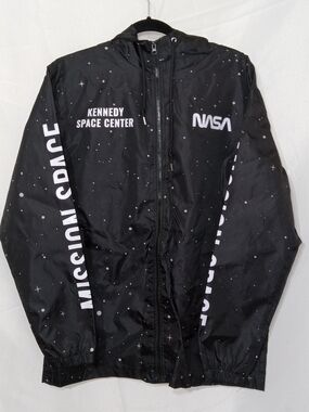 Hyper Space NASA Kennedy Space Center Windbreaker Jacket Mens M Black Hooded